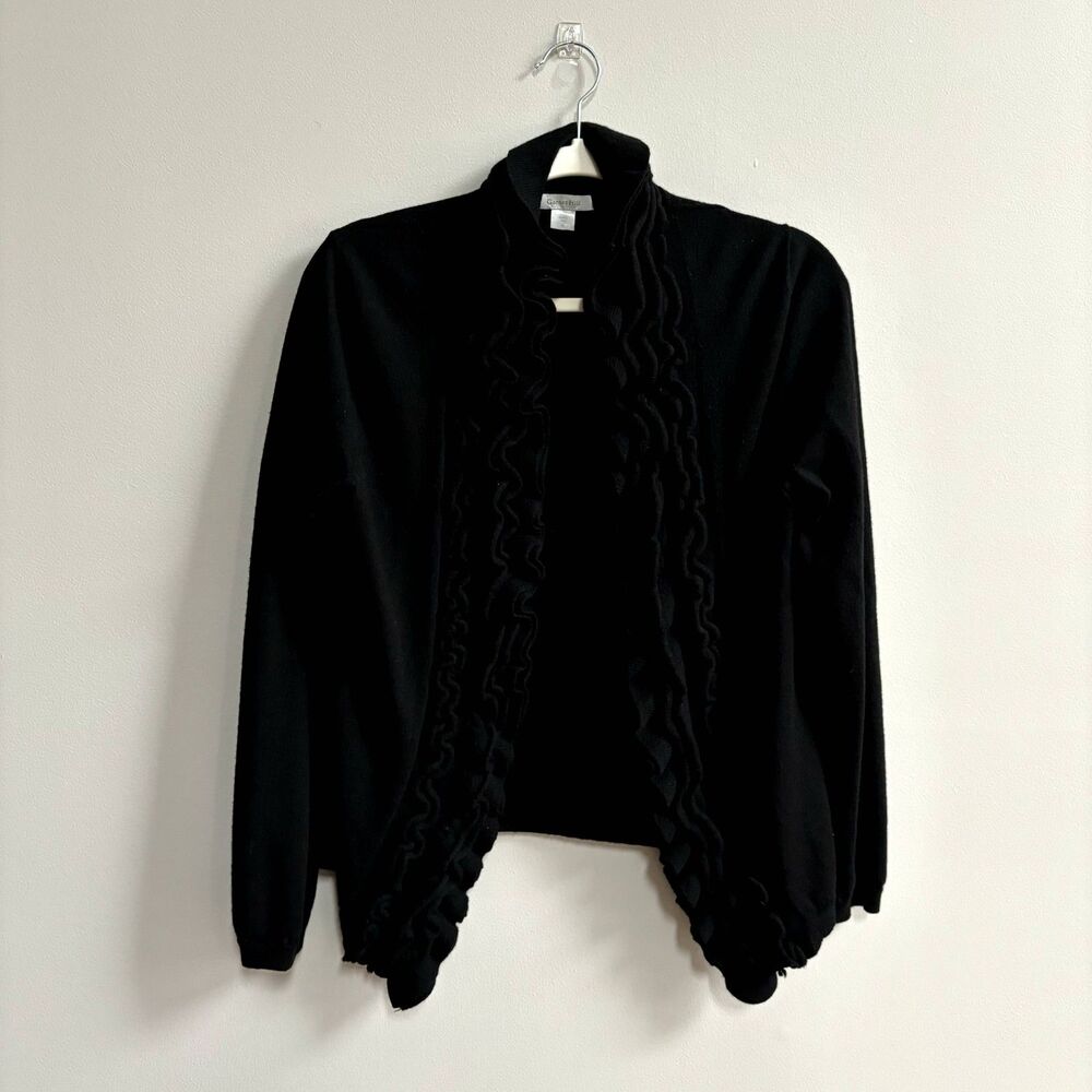 Garnet Hill 100% Merino Wool Cardigan Sweater Women's M Black Ruffle Open Front - Picture 3 of 7